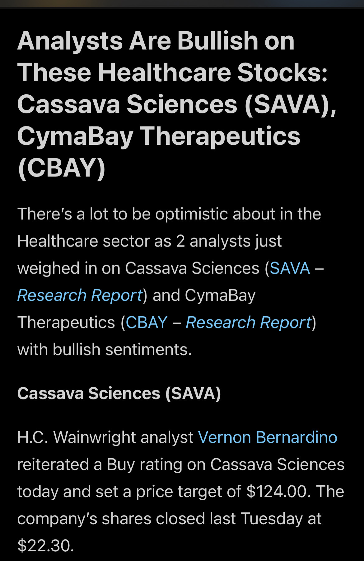 $Cassava Sciences (SAVA.US)$分析師對這些醫療保健股票看漲：木薯科學（SAVA），西馬貝治療（CBAY） 由於 2 位分析師剛剛研究了卡薩瓦科學，醫療保健行業有很多值得樂觀（[鏈接: 薩瓦] — [鏈接: 研究報告]) 和西瑪貝治療（[鏈接: 卡貝] — [鏈接: 研究報告]）具有看漲情緒。