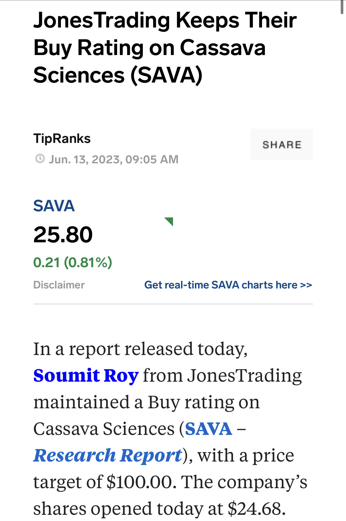 $Cassava Sciences (SAVA.US)$ JonesTrading Keeps Their Buy Rating on Cassava Sciences (SAVA)