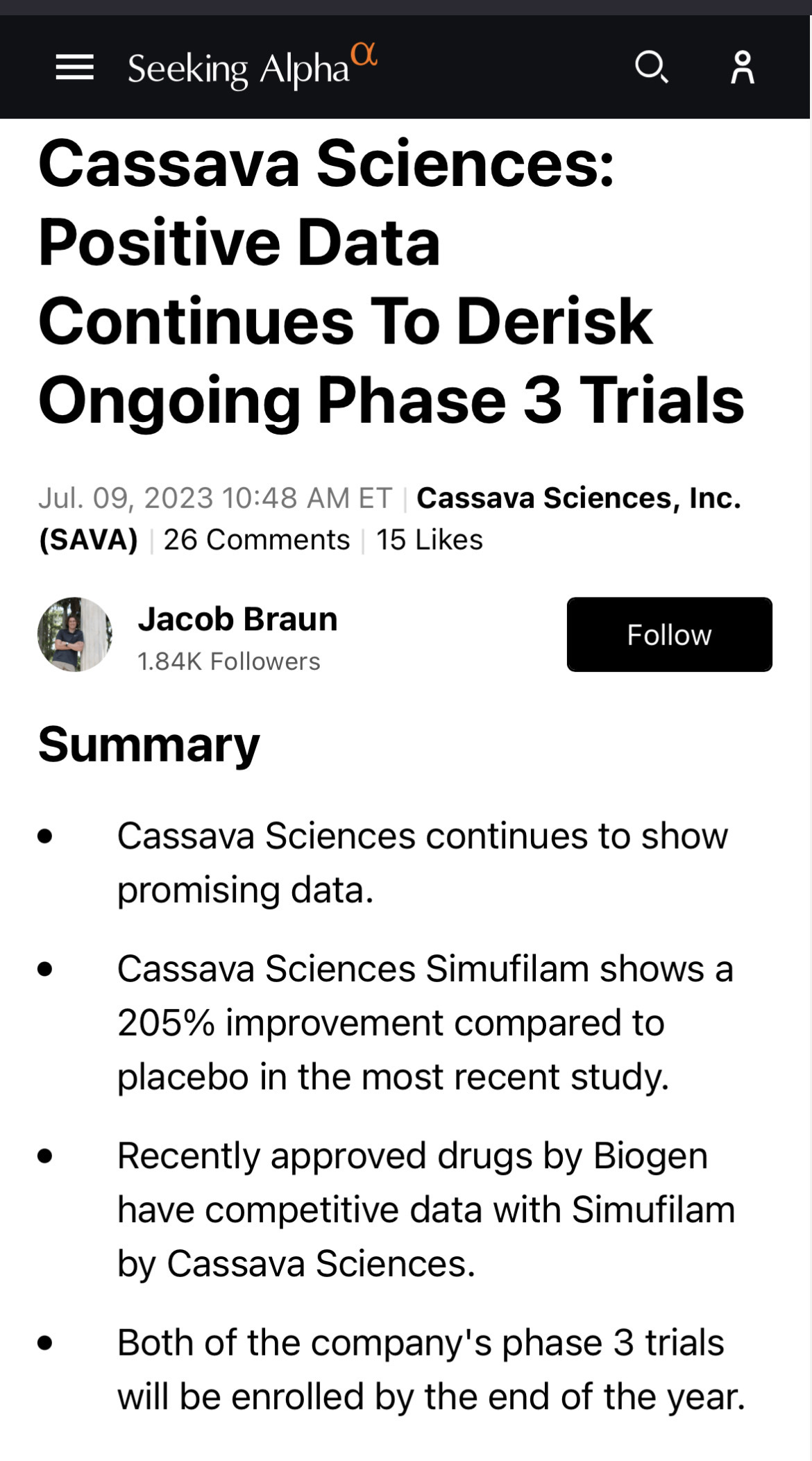 $キャッサバ・サイエンシズ (SAVA.US)$強い買いの評価を持ち、以前にも述べたように、私はCassava Sciencesが市場の中で最高のリターンを生み出す最もリスクの少ない投資と考えています。