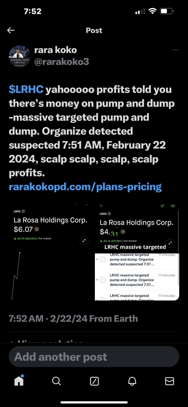 $LRHC yahooooo profits told you there’s money on pump and dump -massive targeted pump and dump. Organize detected suspected 7:51 AM, February 22 2024, scalp scalp, scalp, scalp profits.rarakokopd.com