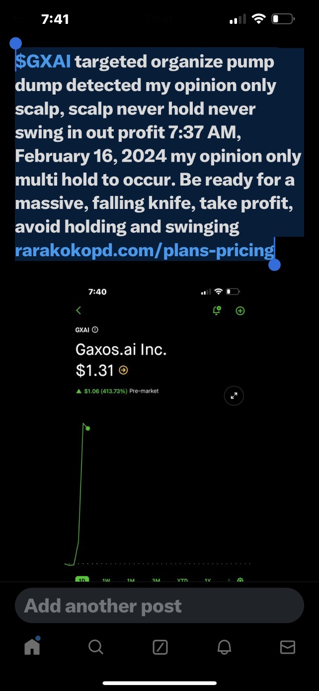 $GXAI targeted organize pump dump detected my opinion only scalp, scalp never hold never swing in out profit 7:37 AM, February 16, 2024 my opinion only multi hold to occur. Be ready for a massive, fal