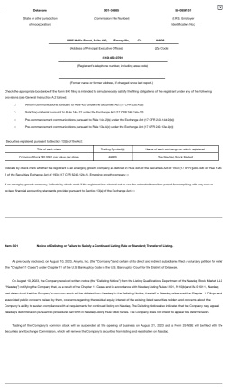 $AMRS Trading of the Company’s common stock will be suspended at the opening of business on August 21, 2023 and a Form 25-NSE will be filed with the Securities and Exchange Commission, which will rem