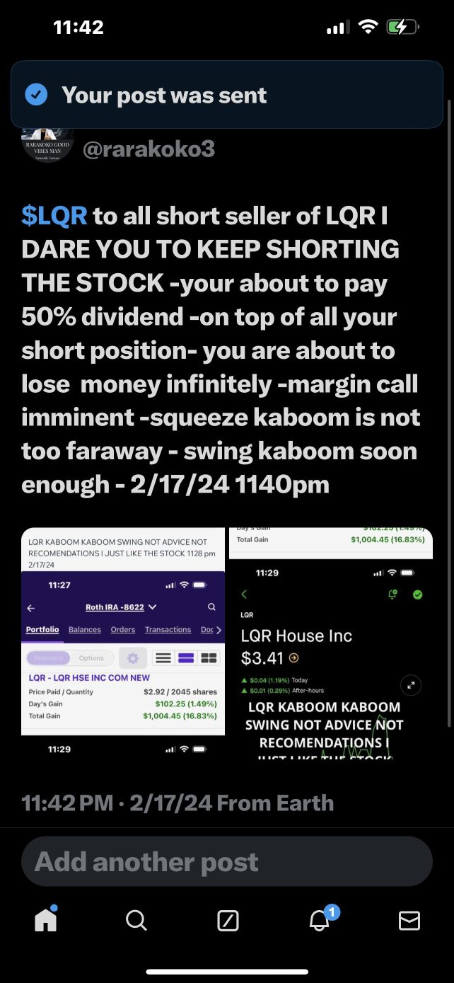 $LQR to all short seller of LQR I DARE YOU TO KEEP SHORTING THE STOCK -your about to pay 50% dividend -on top of all your short position- you are about to lose  money infinitely -margin call imminent
