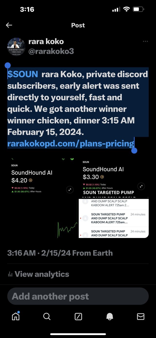 $SOUN  rara Koko, private discord subscribers, early alert was sent directly to yourself, fast and quick. We got another winner winner chicken, dinner 3:15 AM February 15, 2024. rarakokopd.com/plans-p