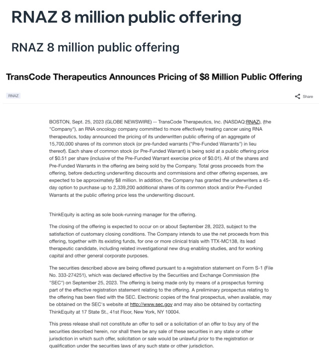 Rnaz 8 million offering