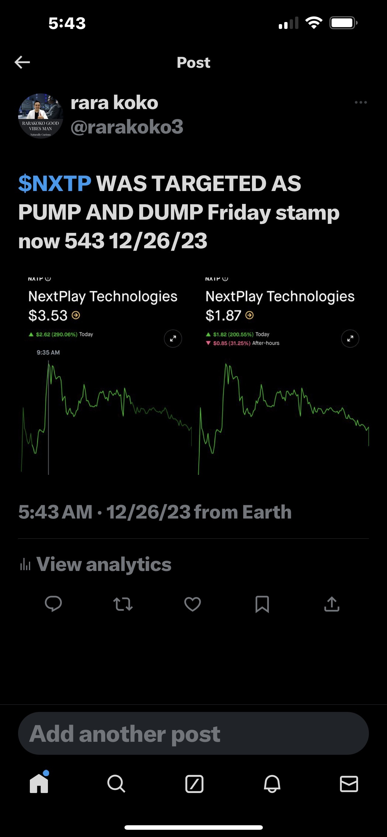 $NXTP WAS TARGETED AS PUMP AND DUMP Friday stamp now 543 12/26/23