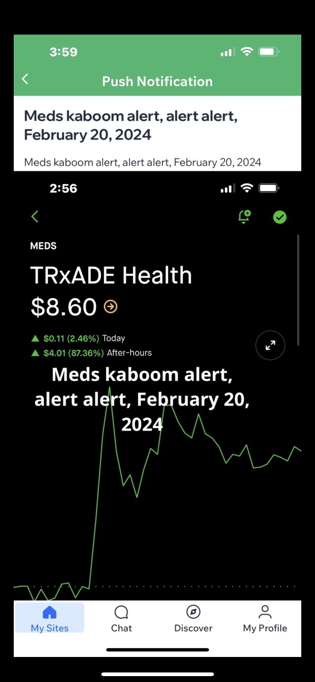 $MEDS  famouse youtubers other discord other individuals  notified at 359am today 2/20/24 - alert sent directly on their cell phone  pls examin the pictures for time and date - would you like to get m