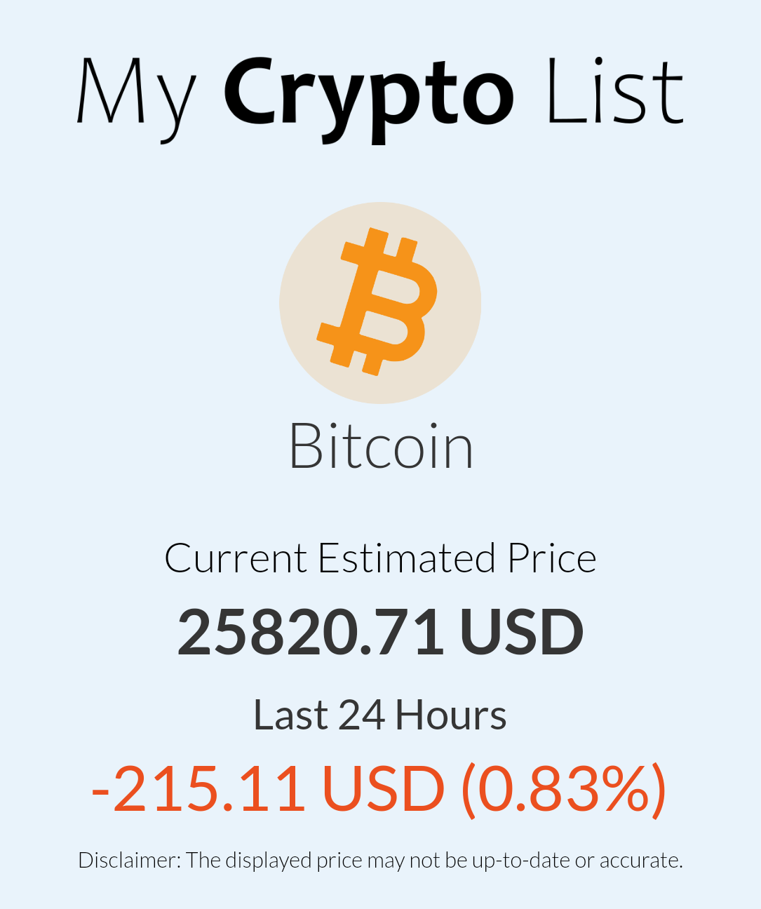 ビットコインが-215.11米ドル（0.83％）下落し、現在25820.71米ドルで取引中です#mycryptolist #BTC