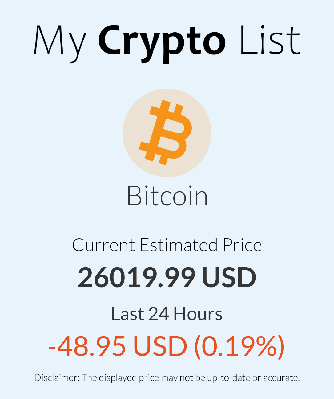 最新消息：比特幣下跌了48.95美元（0.19％），目前以26019.99美元交易 #mycryptolist #BTC