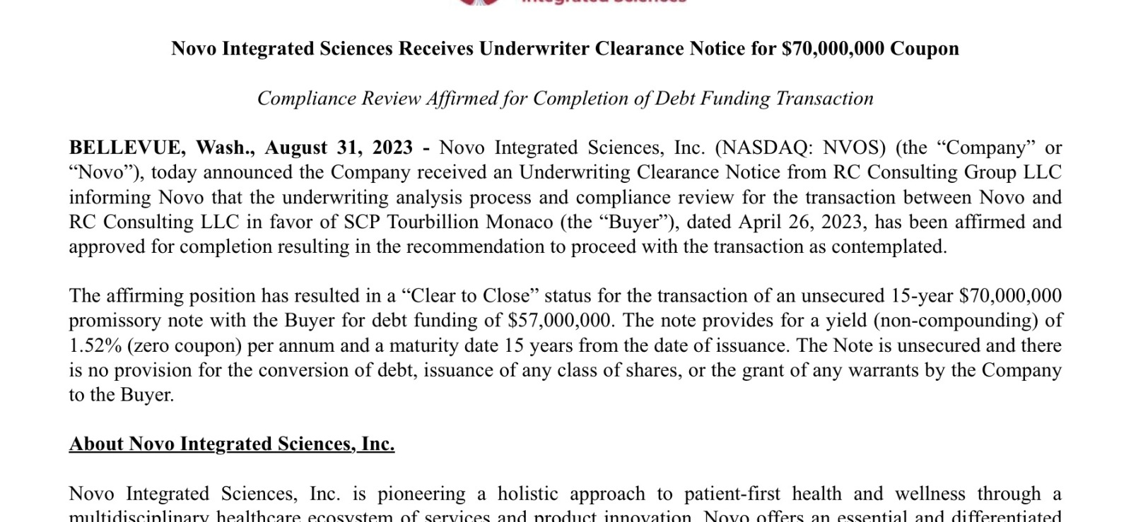 $Novo Integrated Sciences (NVOS.US)$ news any day