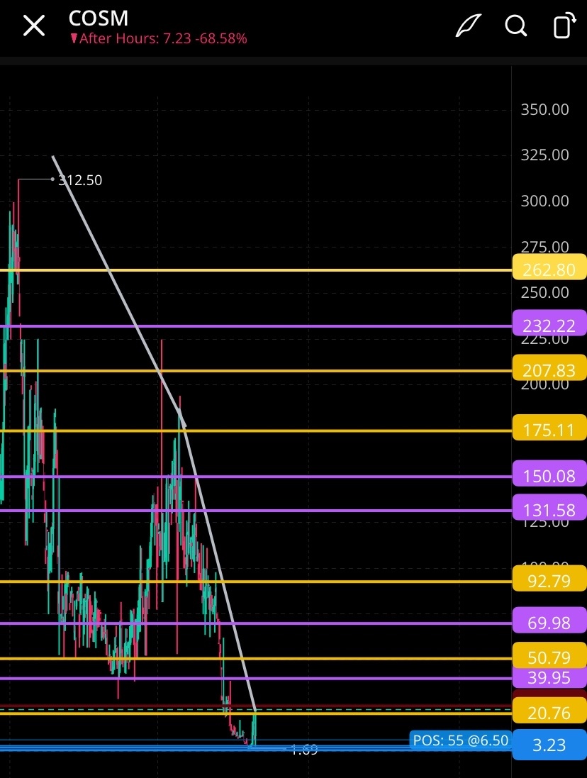 $Cosmos Health (COSM.US)$  Just my thoughts  Red Line= $1 Pre Split Gold Line= Take profit  Purple Line= Wall  white line= possible squeeze