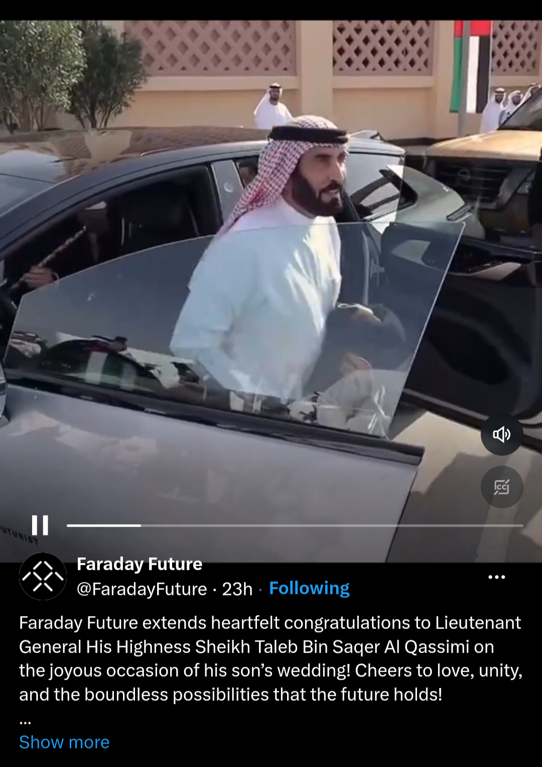 $Faraday Future Intelligent Electric Inc. (FFIE.US)$ The King drove the FF91 himself.  He used to drive a  S class.  https://x.com/FaradayFuture/status/17580139...