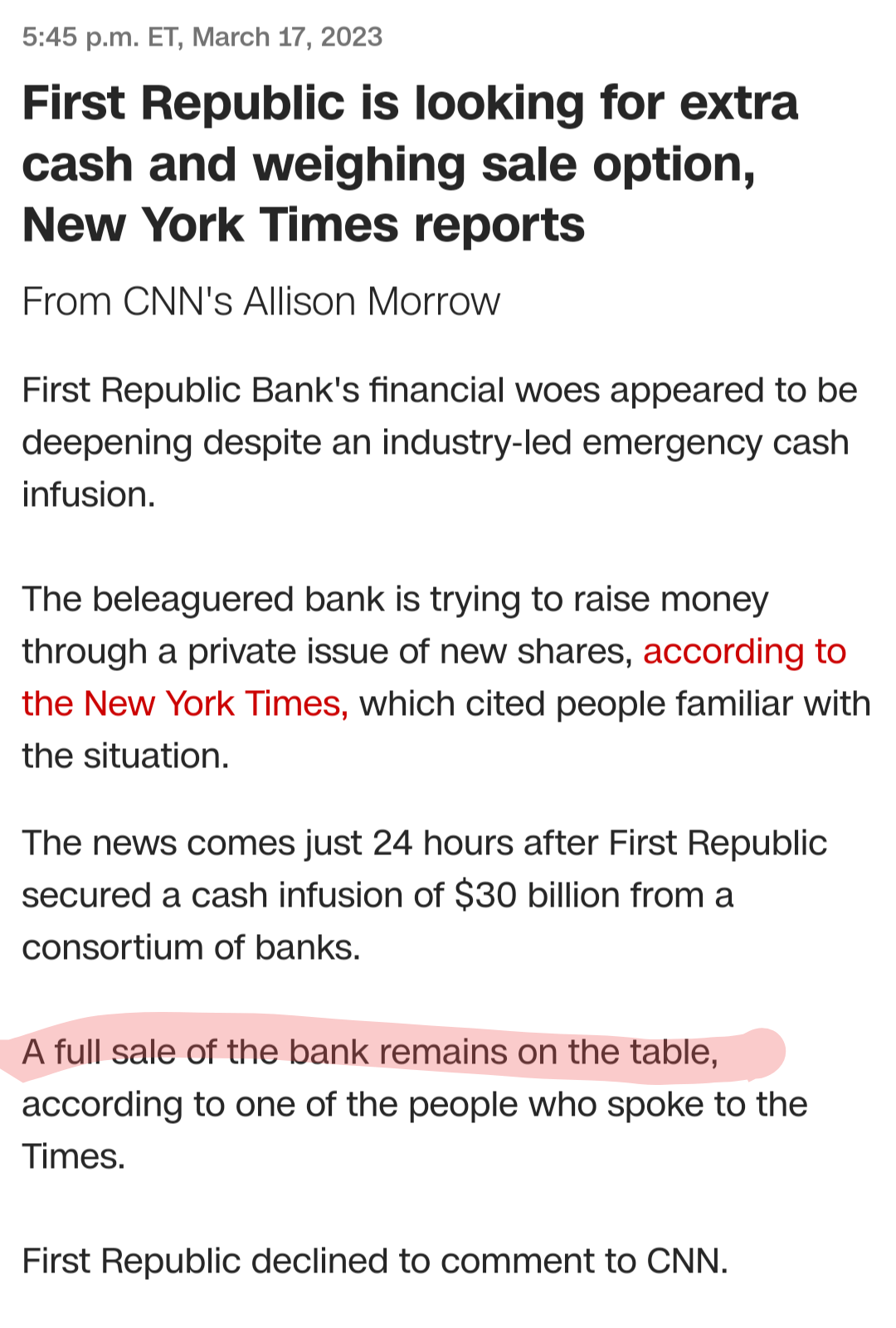 $First Republic Bank (FRC.US)$ This is looking to get bought out soon