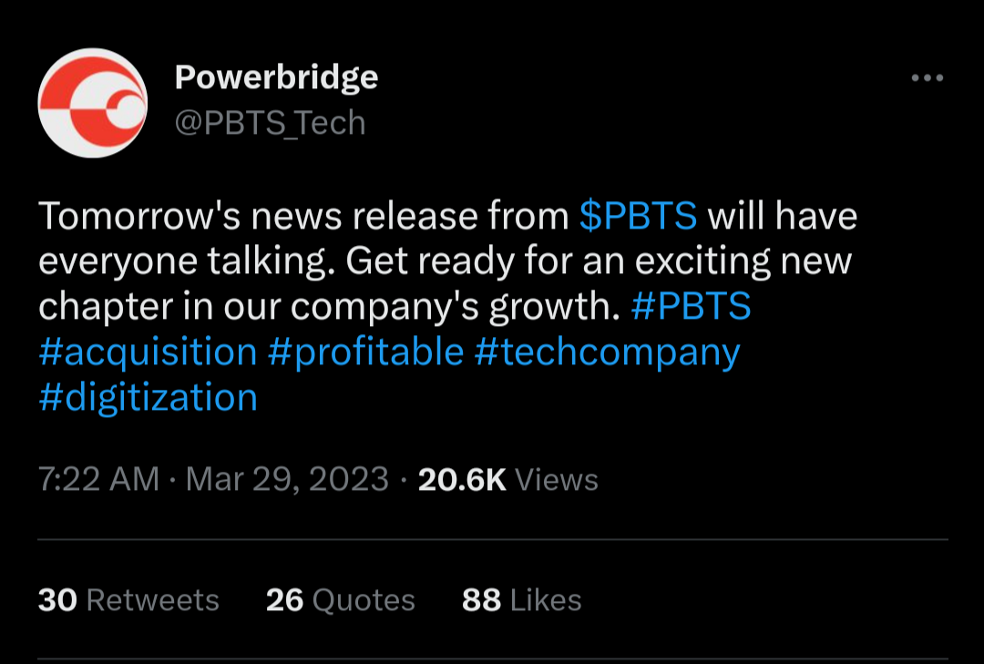 $Powerbridge Technologies (PBTS.US)$ We shall find out what the big news is tomorrow 👀