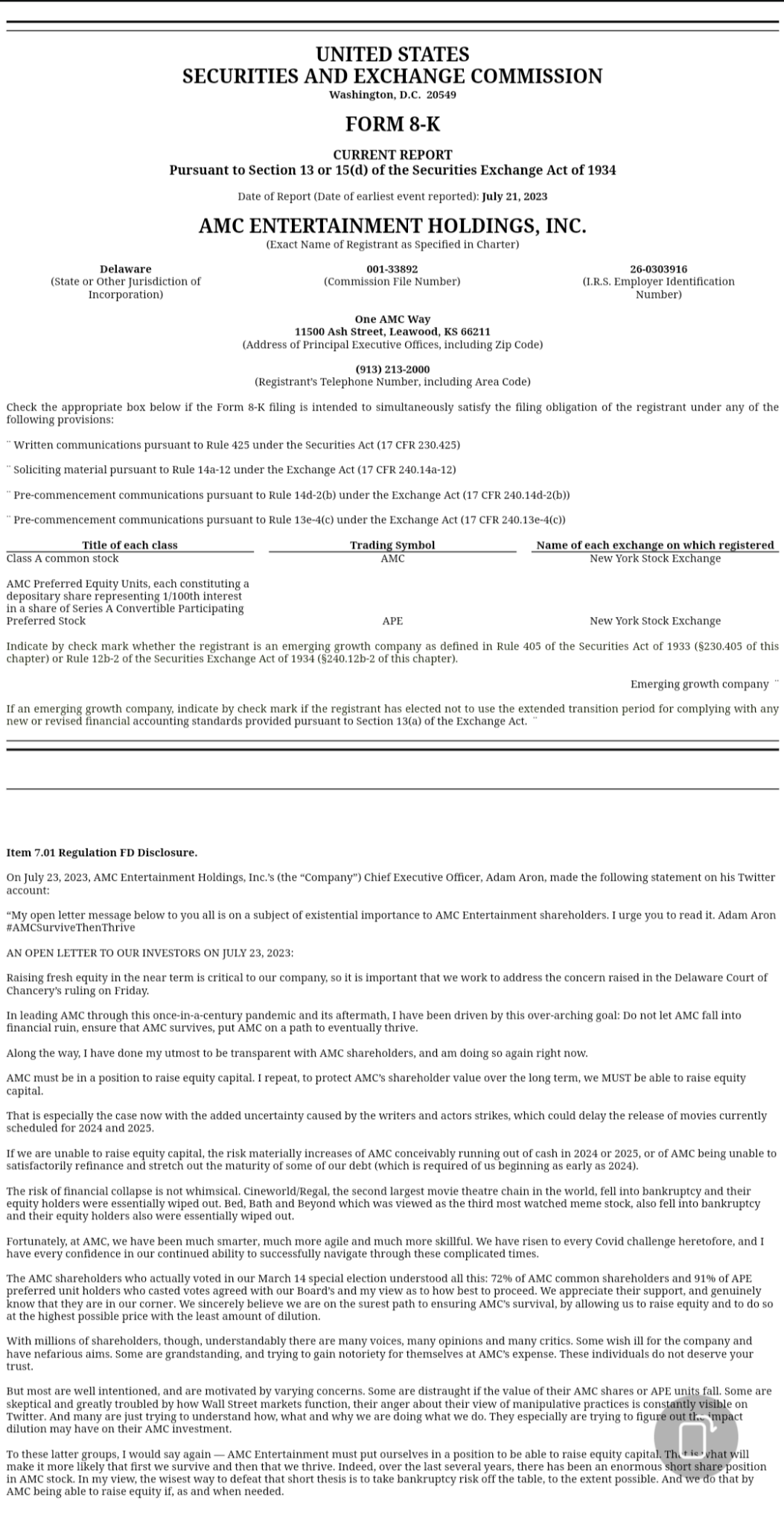 $AMC Entertainment (AMC.US)$$AMC Preferred Equity Unit (APE.US)$ It's not just a letter anymore, it has now been filed with SEC.