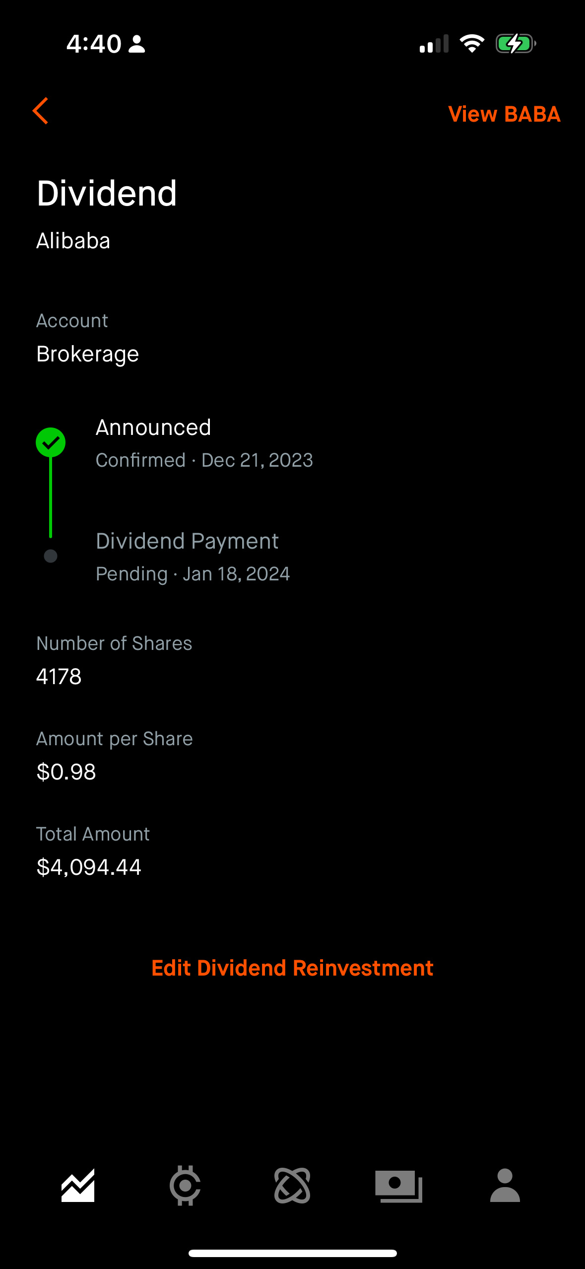 $阿里巴巴 (BABA.US)$ 收到了超过4000美元的股息。我仍然持有并且看好，直到80-82区间。