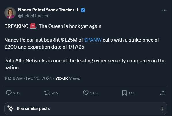 佩洛西再次做出了举动：购买了Palo Alto Neworks的1.25百万美元认购期权。