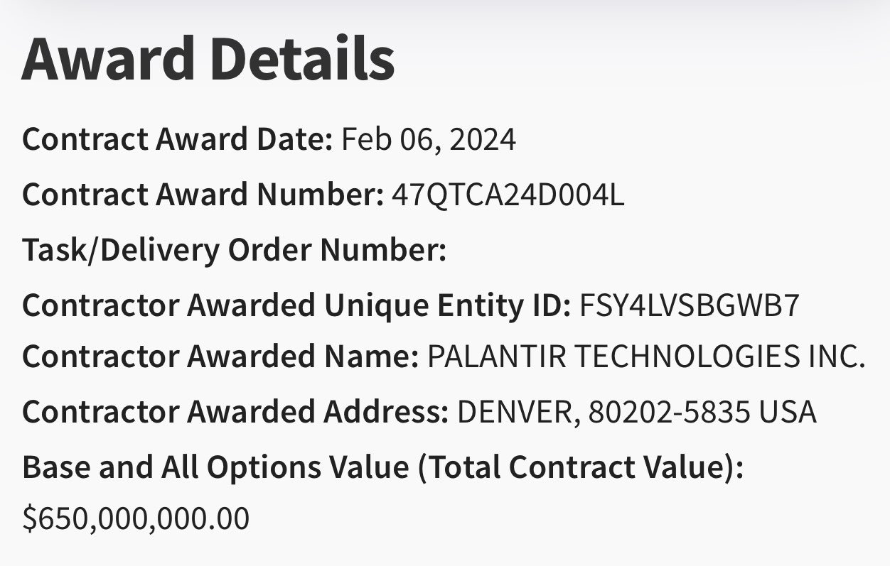 $Palantir (PLTR.US)$ New 650m gov contact awarded over 5 years.  hasn't hit the newswire yet.