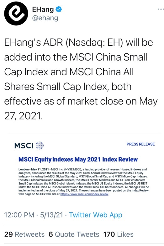 EHang added to Small Cap Index