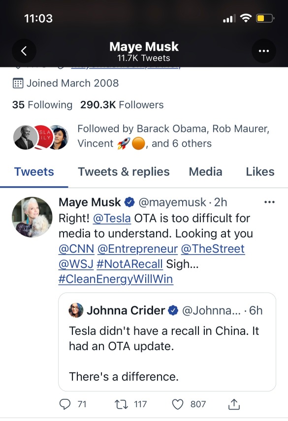 Elon's mom can't read all kinds of fake news. Tesla doesn't recall cars, but software and new ones ~ ~ walao