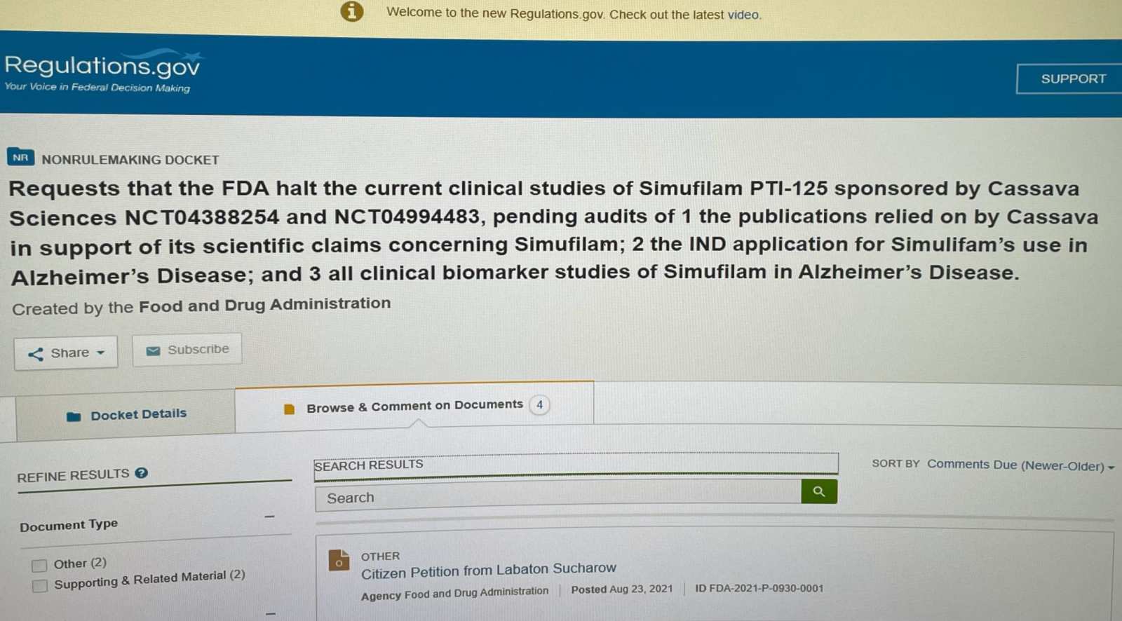 $Cassava Sciences(SAVA.US)$ someone filed a petition requesting FDA to halt clinical studies of Simufilam I believe it was deliberately done...