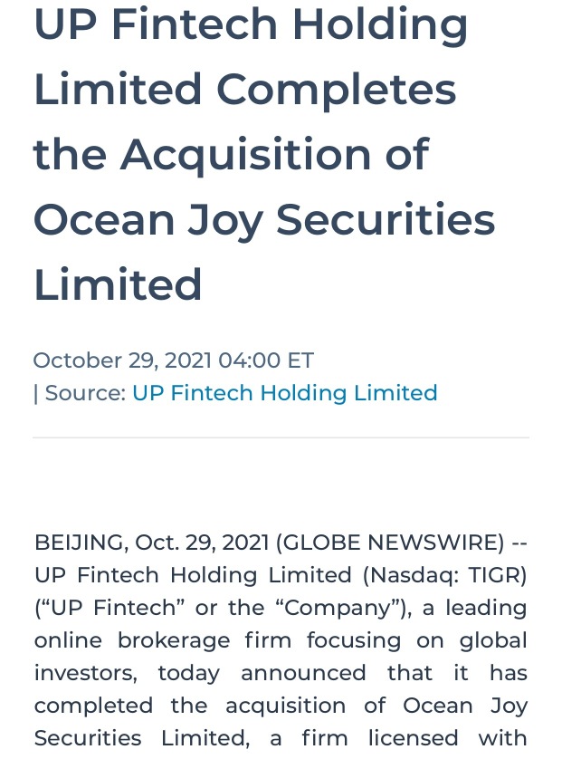UP fintech completed Acquisition Good News.! 😄