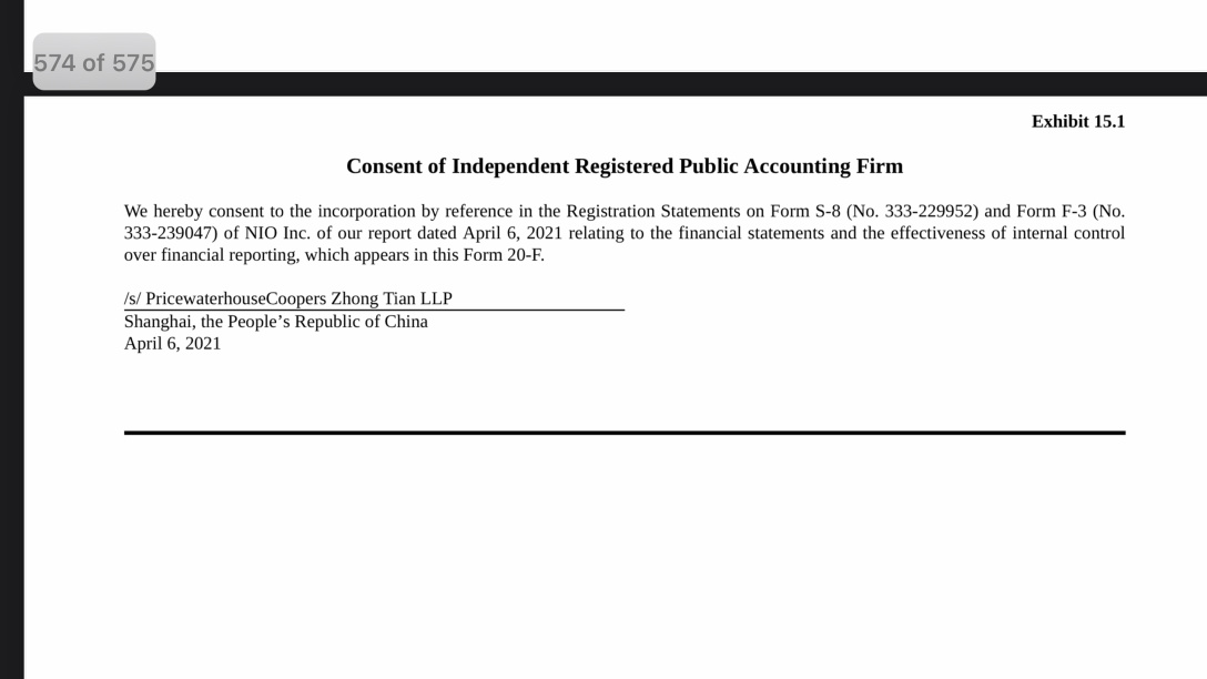 NIO auditor is Pricewaterhouse Coopers