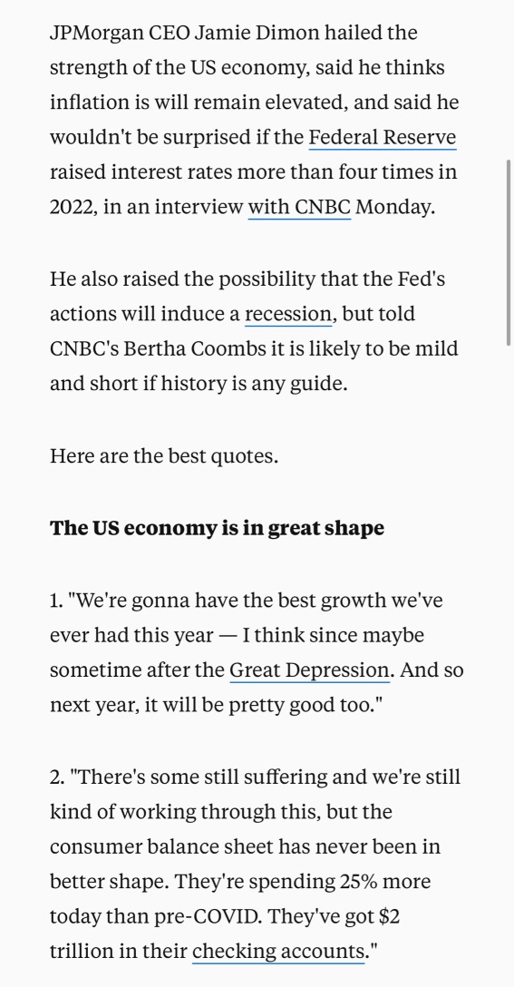 Jamie Dimon says the US economy is booming, inflation will stay hot, and the Fed may have to hike rates hard. Here are his 11 best quotes from a new interview