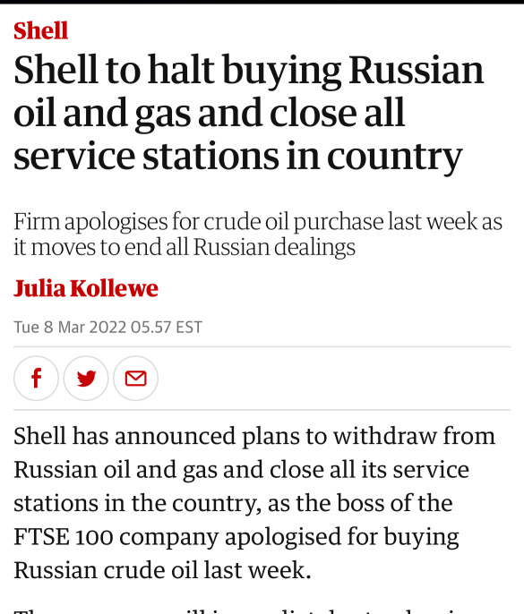 壳牌将停止收购俄罗斯石油和天然气