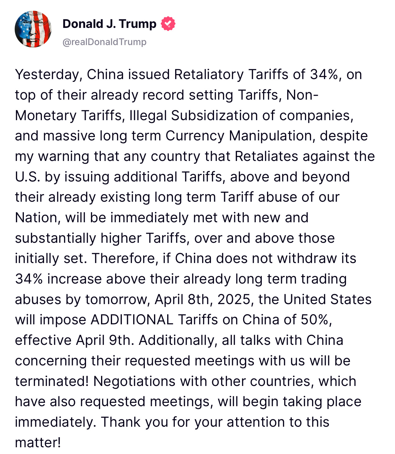 我們再次下跌的原因🙄 特朗普總統誓言如果中國不撤回報復性關稅,明天將把關稅提高到50%。 $比特幣 (BTC.CC)$$Palantir (PLTR.US)$$特斯拉 (TSLA.US)$$Strategy (MSTR.US)$ $