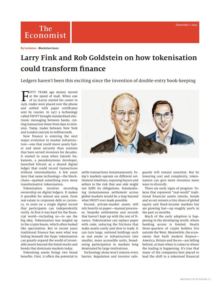 看漲：貝萊德首席執行官Larry Fink接受《經濟學人》採訪，暢談加密貨幣和代幣化的未來。