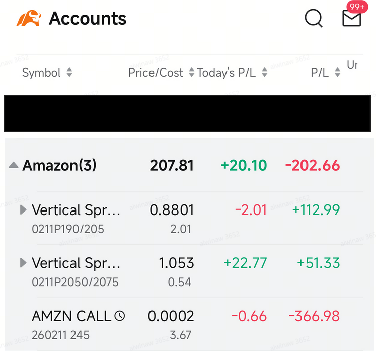 📊 第二部分：亞馬遜（AMZN）週中期權更新：期權價差策略（56%-95%收益）對比買入看漲期權投機（-99%損失）