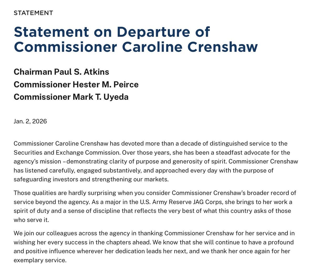 速報：🇺🇸 ビットコインに反対的な米証券取引委員会（SEC）委員キャロライン・クレンショー氏がSECを正式に退任  ... -  moomooコミュニティ