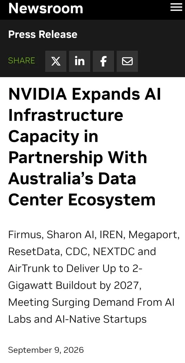 $IREN Ltd (IREN.US)$ mentioned a few times in this $NVIDIA (NVDA.US)$ press release on 2GW of planned Australian AI factories by 2027. IREN's prior communication was that the Bundey site power won't energize until 2028+. But article says 2GW by 2027, so assuming they mean others are getting that (Sharon AI, Frimus), and IREN can get the next phase.
