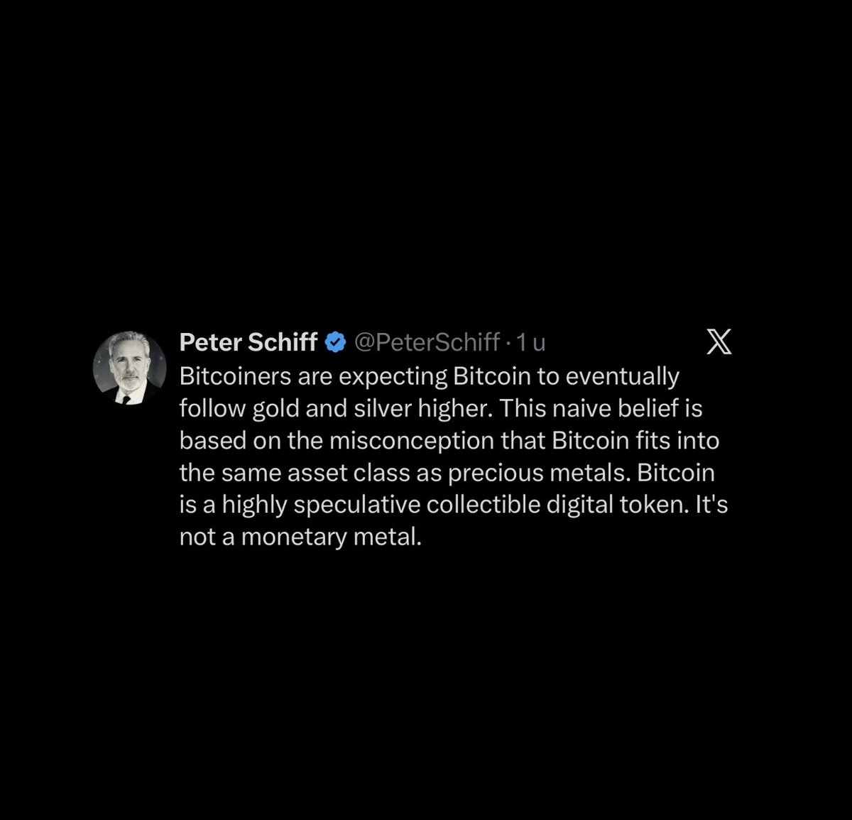 🚨𝗝𝗨𝗦𝗧 𝗜𝗡: Peter Schiff says “Bitcoin is a highly speculative collectible digital token. It's not a monetary metal” like gold and silver.