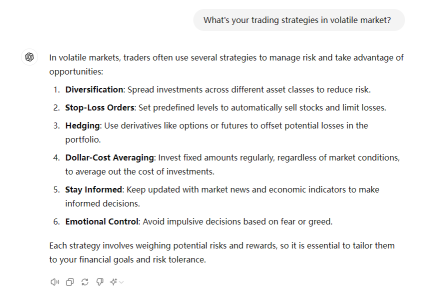 私はCHATGPTに尋ねました。「波乱含みの市場における取引戦略は何ですか？」