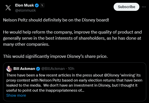$Tesla (TSLA.US)$ 's CEO Elon Musk said he would BUY Disney shares $DIS if activist investor Nelson Peltz were elected to the board. Musk says, 'Nelson Peltz sh...