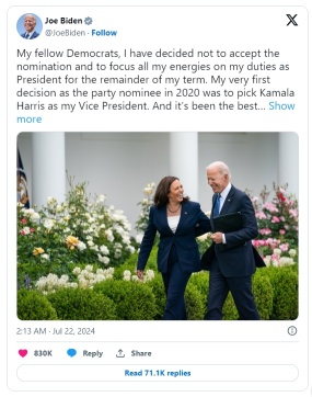 Biden drops out of 2024 US presidential race, endorses Kamala Harris