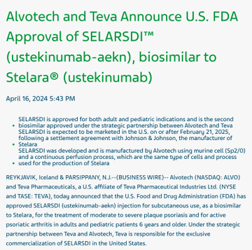 $Teva Pharmaceutical Industries (TEVA.US)$ & alvotechpr  📣 FDA approves SELARSDI (Ustekinumab-Aekn), biosimilar to Stelara® 🎉  ▻ approved for both adult and p...