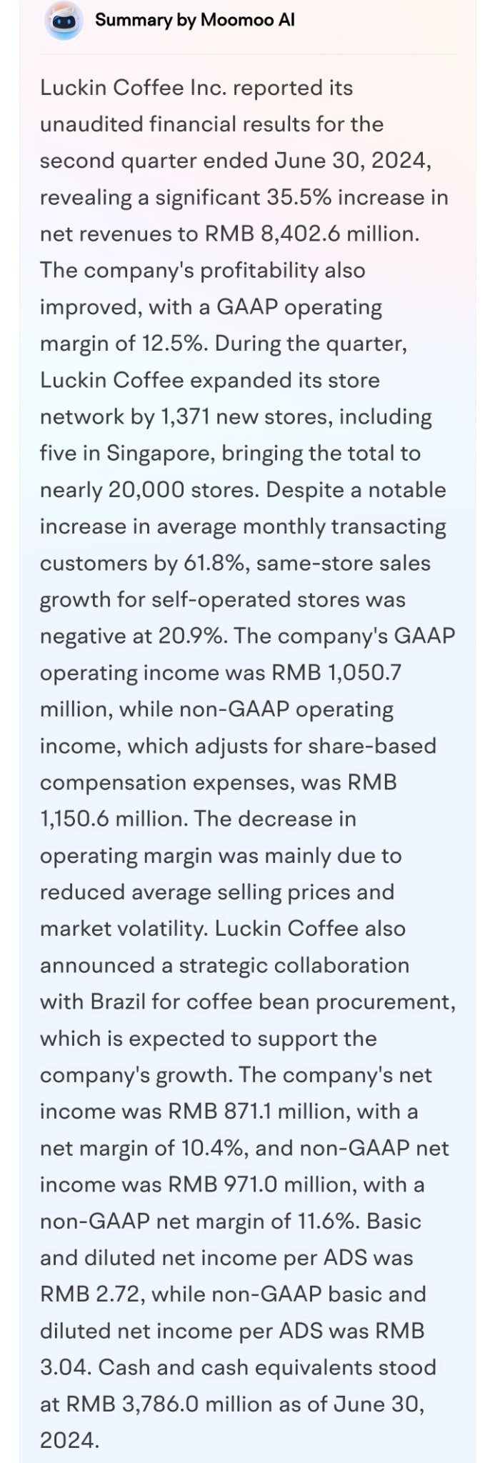 $Luckin Coffee (LKNCY.US)$ $Luckin Coffee (LKNCY.US)$ great earnings and outlook, I hope Nasdaq relisting will come soon. Then we're gong back to the moon 🌙