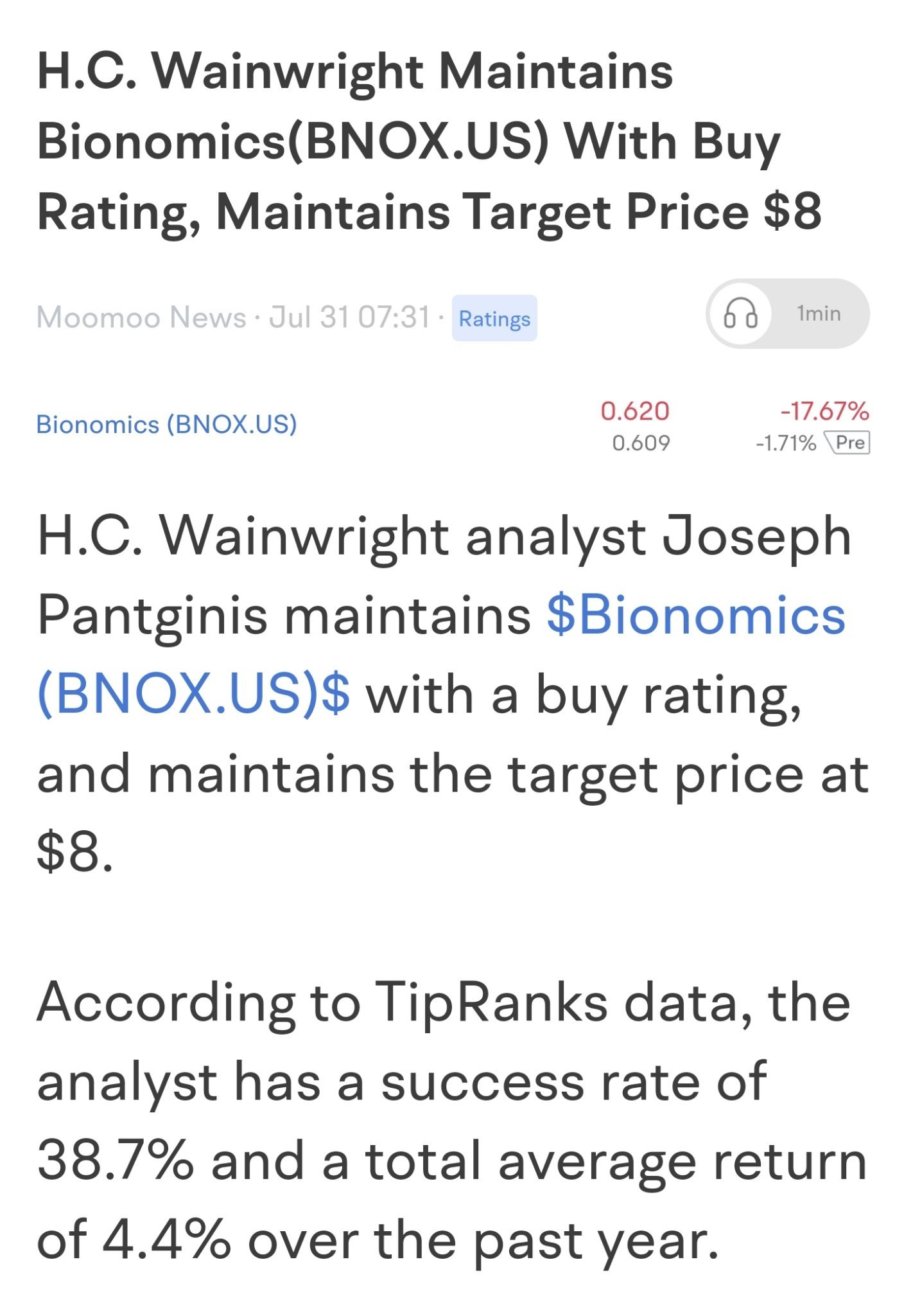 $Bionomics (BNOX.US)$ 再买一次  评级