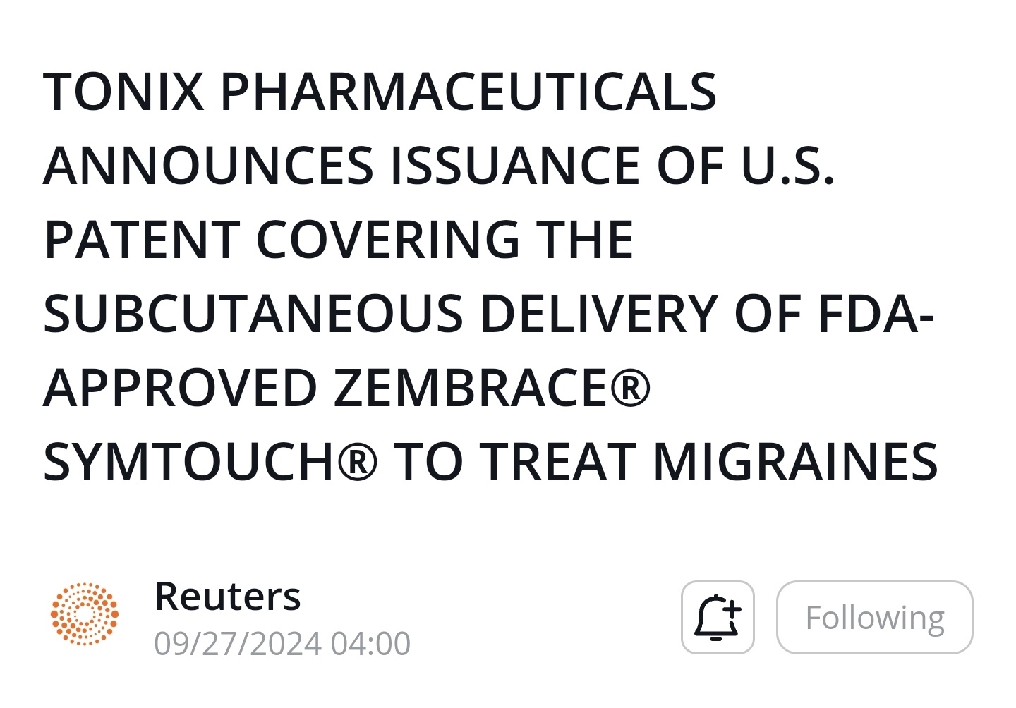 $Tonix Pharmaceuticals (TNXP.US)$ this is not the only one they have more good products lined up.  If they play their cards well and honest,  this will pup up o...