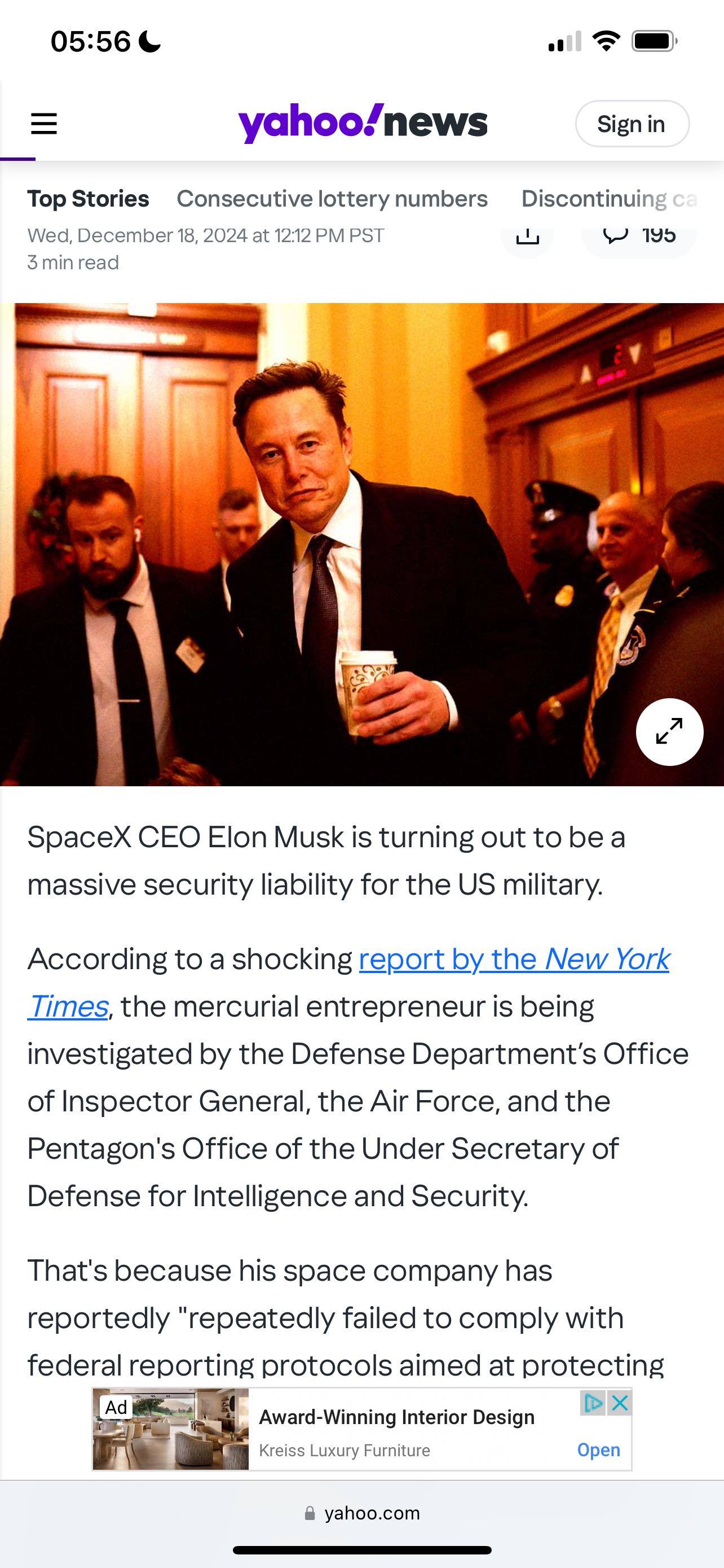 “Elon Musk Being Investigated for Violating Terms of "Top Secret" Clearance”