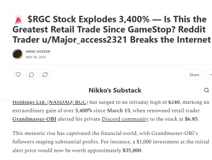 🚨 RGC Stock Skyrockets Over 3,400% in Less Than 2 Months — Reddit Traders May Be Fueling the Next Big Squeeze