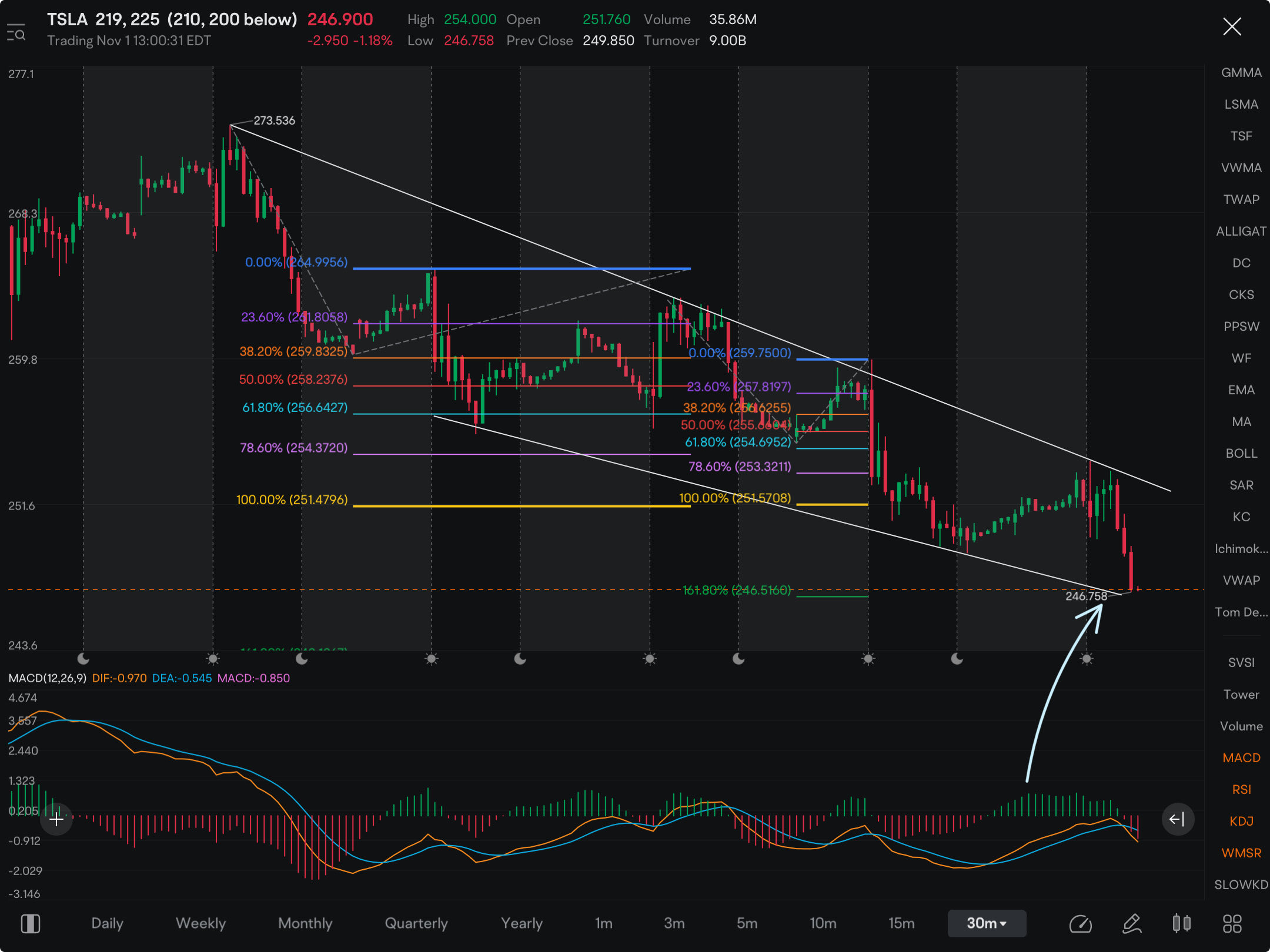 Could drop like a rock if doesn’t hold the 246.50. Breaking 246.50 is where you would want to open or add puts, as the next level is a good step down.