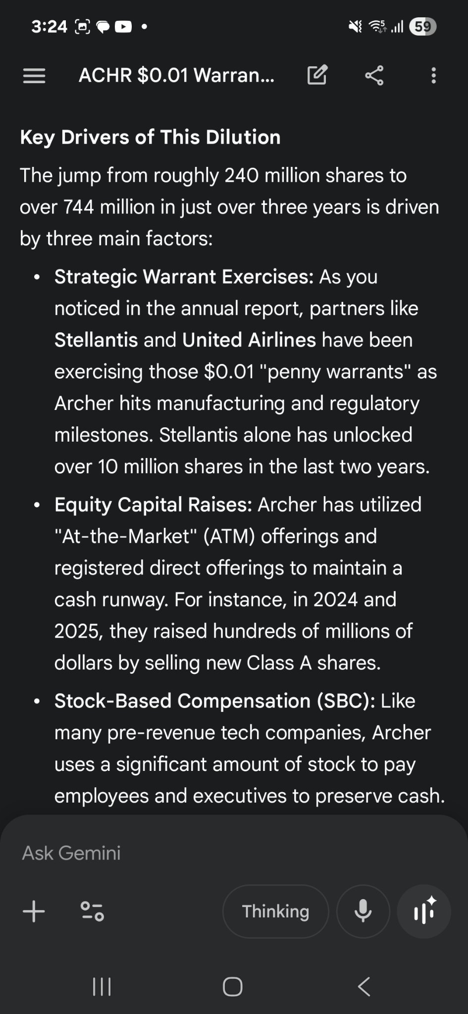 $Archer Aviation (ACHR.US)$ 6.1% 的稀釋僅來自於額外的股權補償。預計在首次發行時將有 10 億多股。