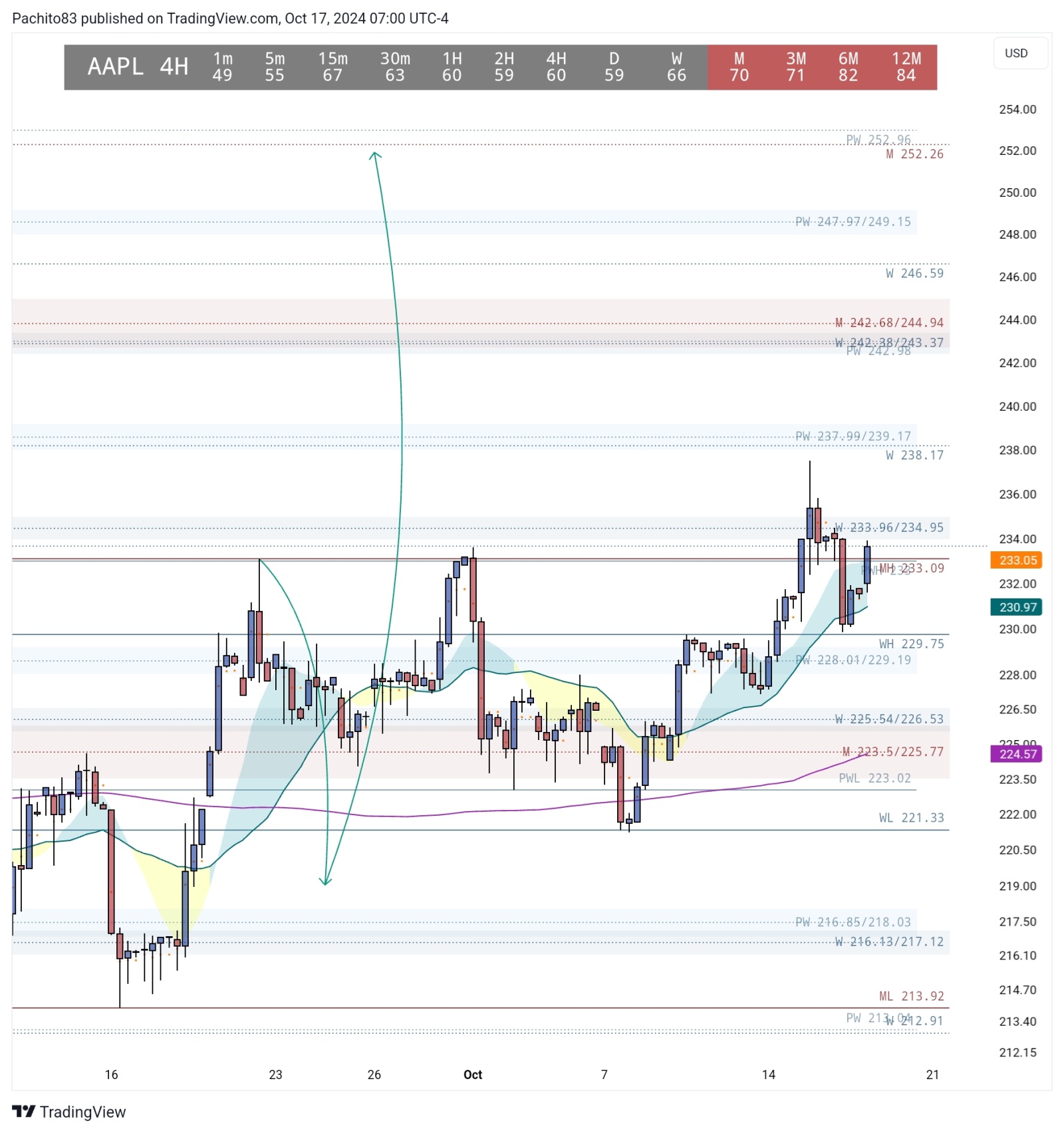 $蘋果 (AAPL.US)$ 讓我們看看蘋果是否有足夠的動能來持續向那個252.26的每月水平推進！所有每週和每月水平都在圖表上。