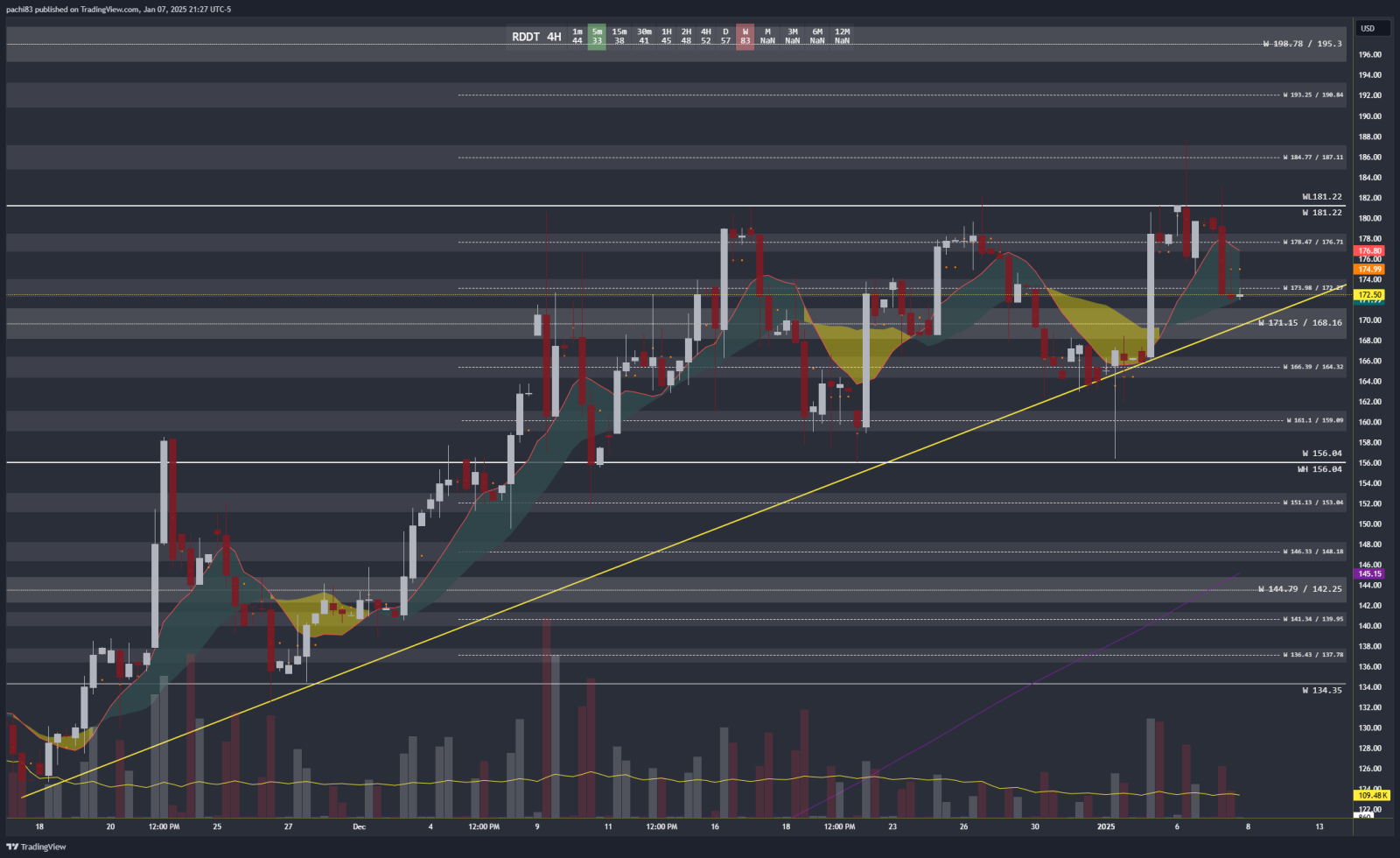 $Reddit (RDDT.US)$ 周RSI为83！我认为这可能会在黄色上升趋势线后 consolildate！突破关键水平以获得良好的看好动作是181.22 在168.16 / 171.15以下，164.32 / 166.39，159.09 / 161.39，156.04