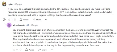 アリス・シュローダー氏は、バフェットの伝記を書いた数年後にRedditでAMAを行いました。それは本当に良い情報で満たされており、通常は見られないようなものです。