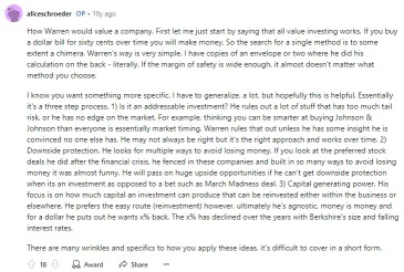 Alice Schroeder did an AMA on Reddit a few years after she wrote Buffett's biography. It's filled with really good stuff, stuff we don't usually see.